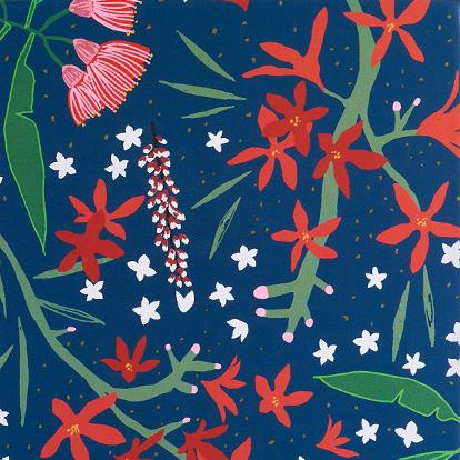 Wattle and Rose pattern featuring native red flowers on a dark blue background